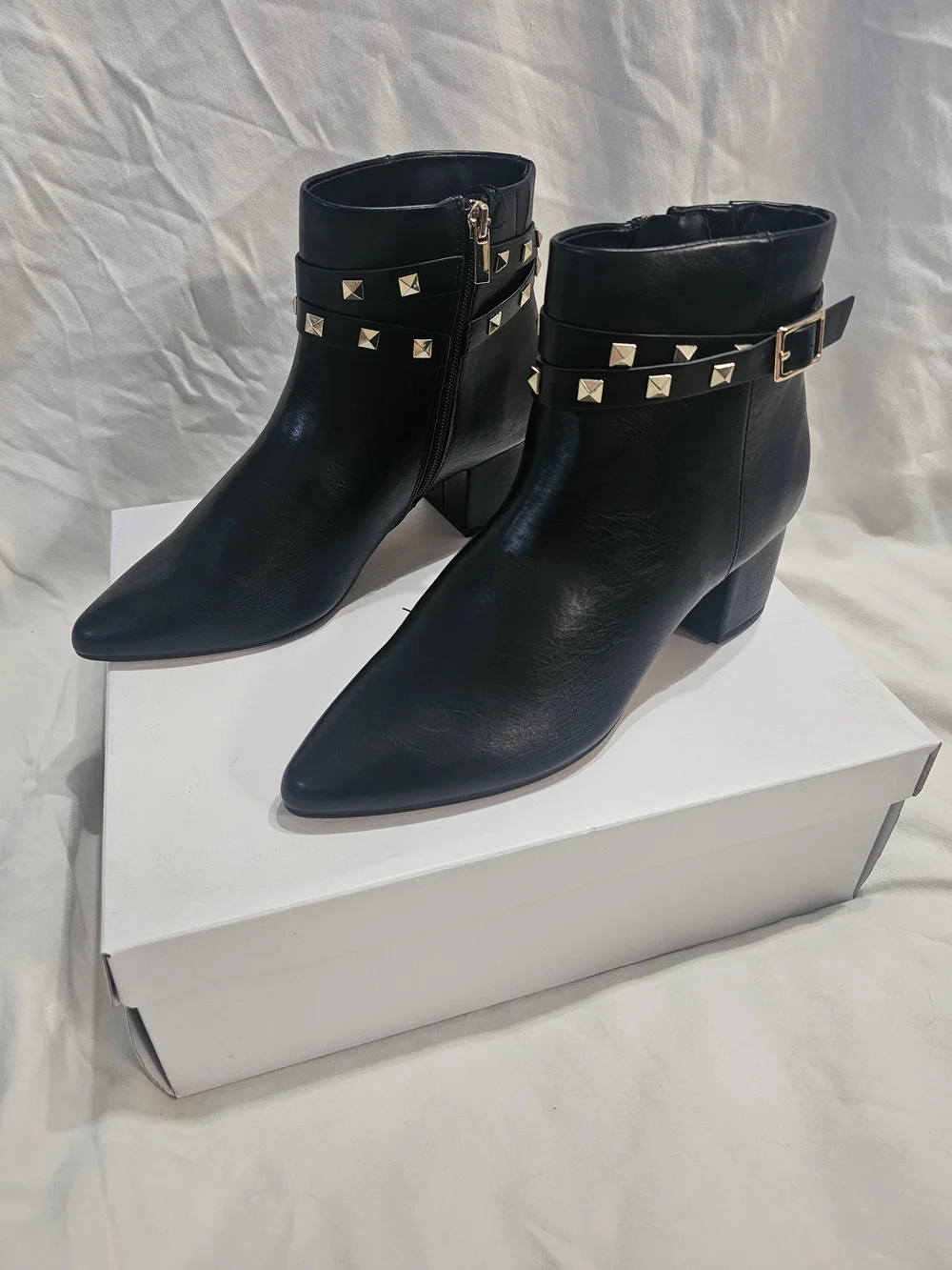 Women's Black Leather Ankle Boot with Studded Strap